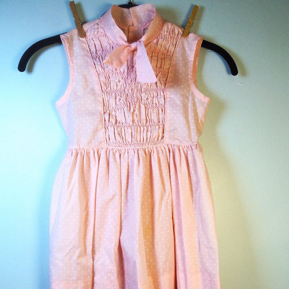 Vintage Poll Flinders Hand Smocked Pink w/White Polka Dot Dress Girls SZ 6